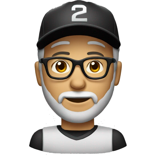 Create an emoji of a man with short salt and pepper hair and beardite beard wearing a black baseball cap and glasses emoji