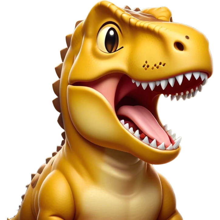 Cinematic Cute Yawning T-rex Portrait Emoji, Head tilted slightly with a dramatic, wide-open yawn, showcasing a robust, muscular form with a slightly open mouth revealing powerful jaws and sleepy, half-closed eyes, Simplified yet irresistibly adorable features, highly detailed, glowing with a soft, cozy prehistoric glow, high shine, relaxed yet expressive, stylized with a hint of whimsical ancient ease, soft glowing outline, capturing the essence of a drowsy yet affectionate T-rex that appears ready to stretch and yawn its way out of the screen! emoji