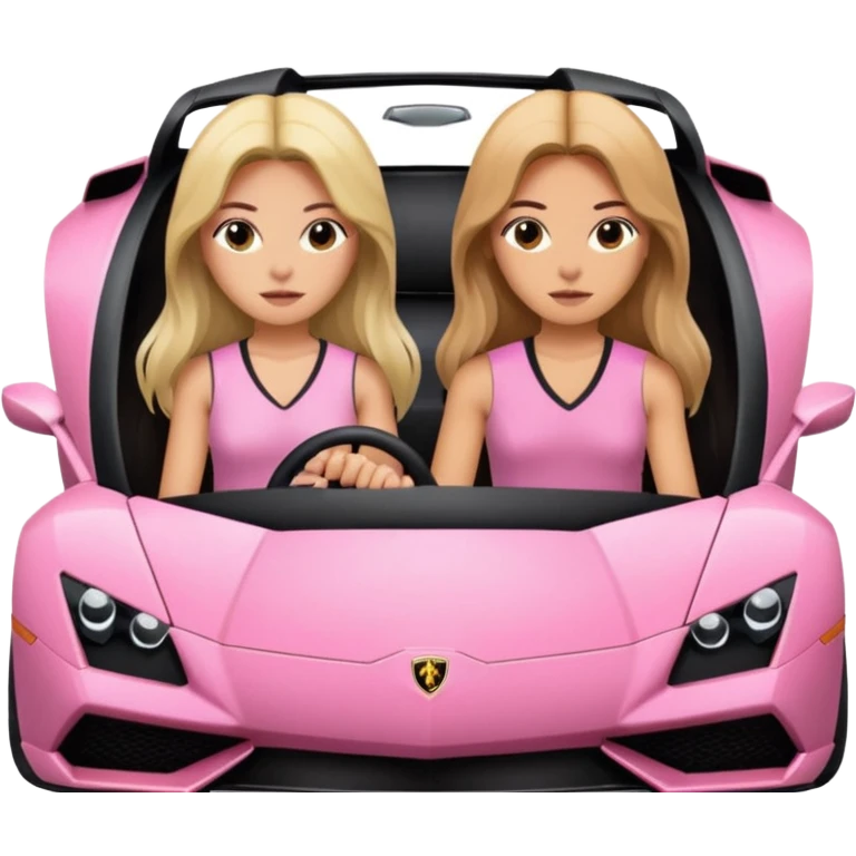 Make car far away so I can see full car Car facing forward in sports car. Make hair long  two girls in car far away Front of car sitting in the seats. Make it a pink sports car. They are two baddies make it a Lamborghini pink car  emoji