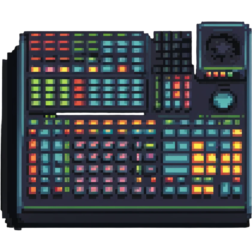 a studio mixing console, pixel art style, retro and colorful emoji
