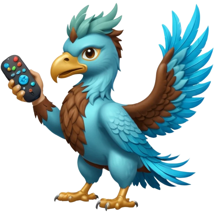 Solid color aqua blue mythical Griffin holding a gaming remote and brown leather American football emoji