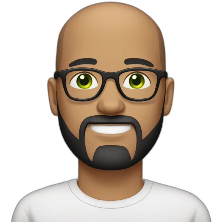 Man with dark buzzcut hair, beard and glasses with thin frames. Whie skim green eyes.  emoji