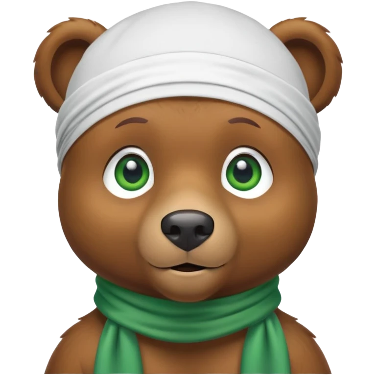 Cool brown bear with confident expression and green eyes wearing a crisp white durag with the ties showing, iOS emoji style emoji