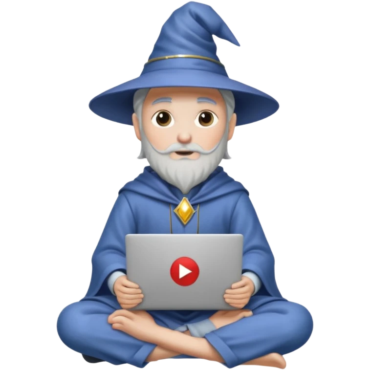 A wizard sitting with a laptop on his lap, the laptop looking like a Mac but with the YouTube logo on it emoji