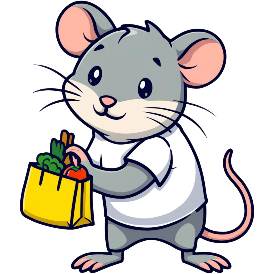 exhausted rat with grocery store uniform bagging items emoji