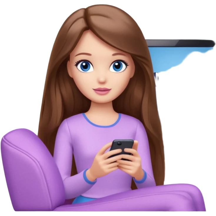beautiful barbie girl with long brown hair, blue eyes and wearing light purple clothes watching netflix on tv emoji