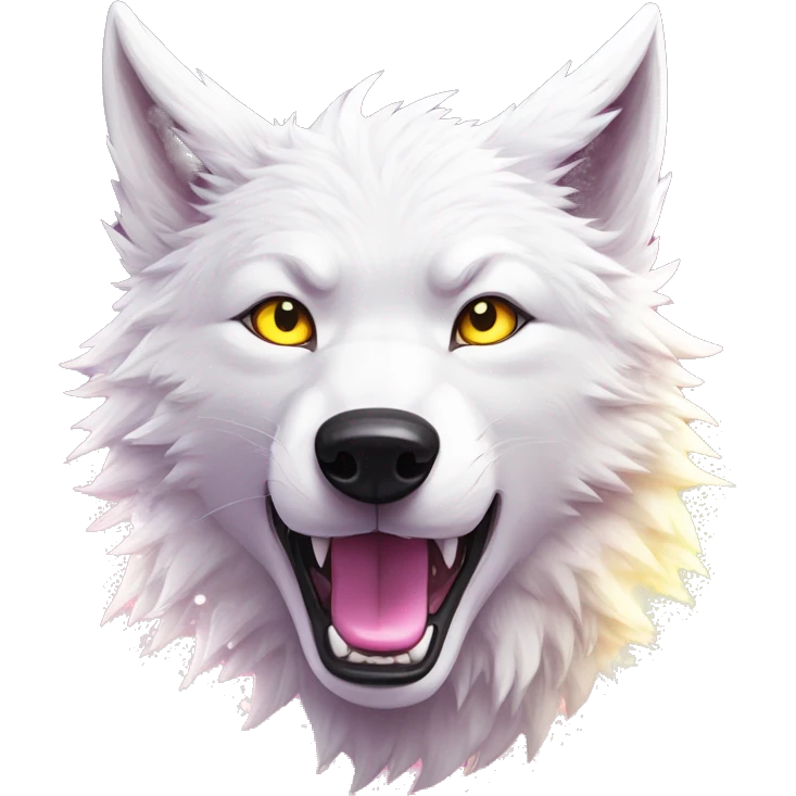Sparkling crazy white aggressive wolf dancing snow mad eyes illustration doodle high contrast lightning bolt halo sun beams white pink yellow red party sparkle glitter emoji