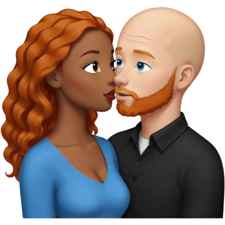 Bald white male with ginger beard and blue eyes kissing African American brown woman with black wavy hair emoji