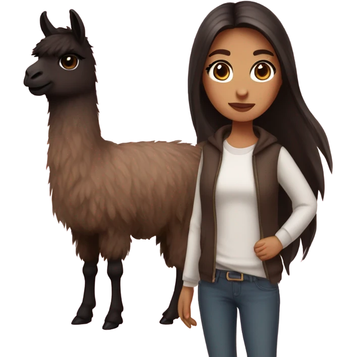 dark brown haired girl with dark brown eyes with llamas emoji