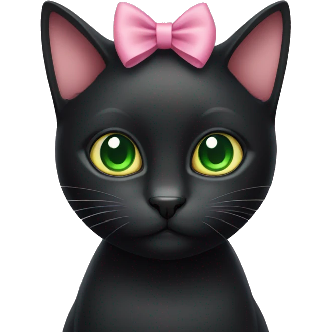 Black cat with green eyes with a pink bow around its neck  emoji