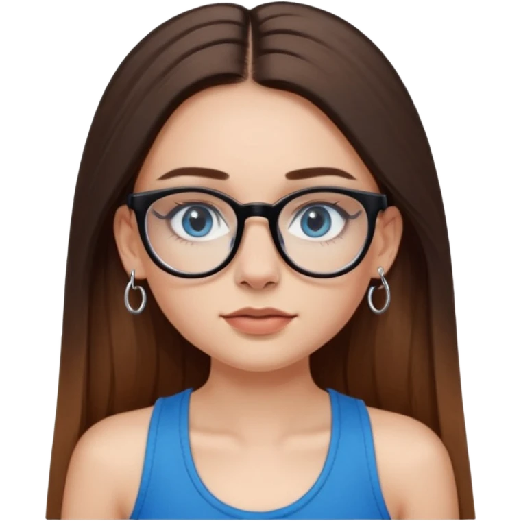 White girl with long straight brown hair and blue eyes wearing plastic frame glasses that go from black to clear ombré from top to bottom. Septum nose piercing and stud nose piercing on right side of nose. Wearing BLACK tank top. Wearing big hoop earrings  emoji