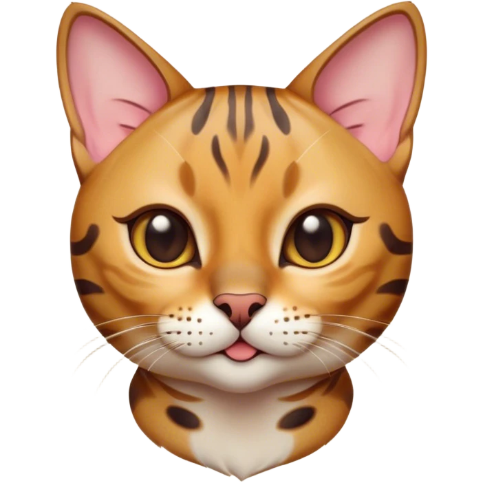 Cinematic Cute Bengal Cat Portrait Emoji, Head tilted playfully and inquisitively, sleek spotted brown and gold tones, Simplified yet adorable features, highly detailed, glowing with a warm, friendly glow, high shine, curious and affectionate, stylized with a touch of whimsy, bright and alert, soft glowing outline, capturing the essence of a mischievous yet loving kitten, so endearing it feels like it could pounce out of the screen and play! emoji