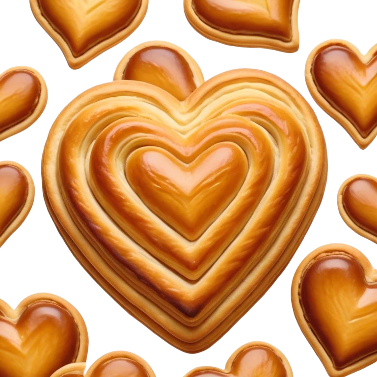 Cinematic crisp palmier, golden-brown heart-shaped pastries, perfectly caramelized layers, delicate and flaky, warm glowing background, inviting and delicious. emoji