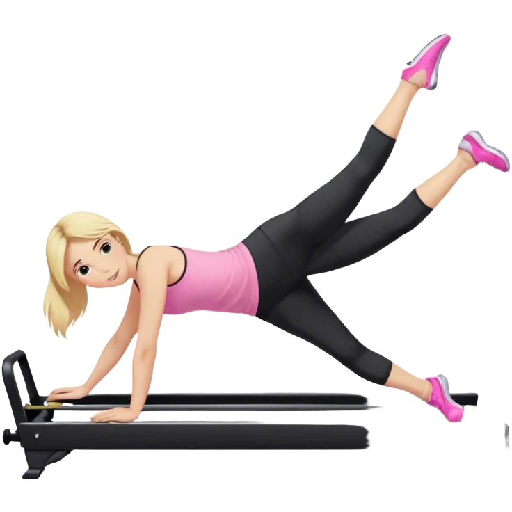 Woman on reformer doing a side plank with black leggings and pink singlet, blonde hair emoji