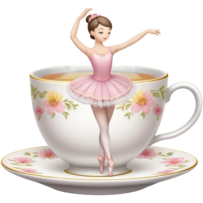 Porcelain tea cup with a floral pattern, steam rising, wearing a ballet tutu and in a graceful dance pose emoji
