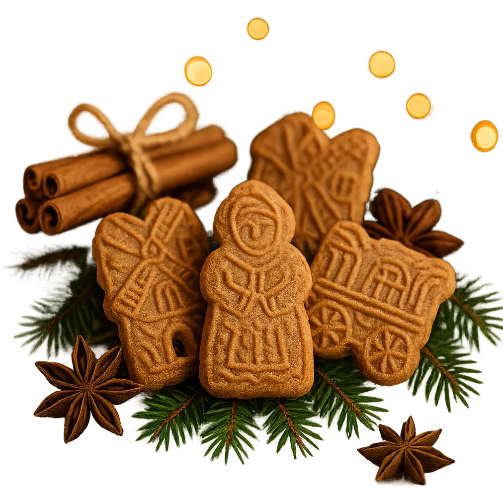speculoos cookies arranged in a festive holiday setting, with cinnamon sticks and star anise, cozy atmosphere, white background emoji