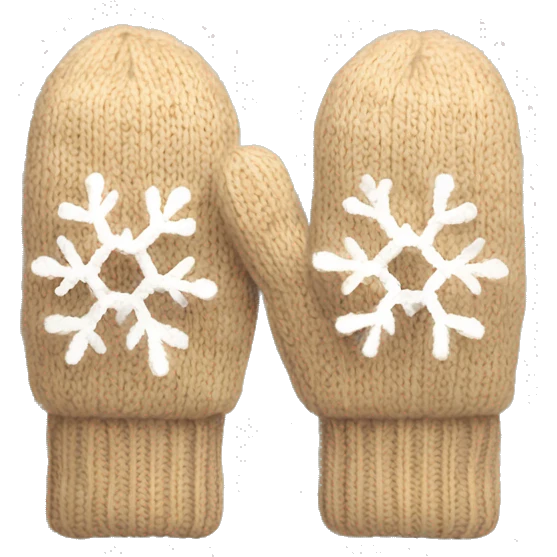 A pair of cozy knitted beige mittens with a snowflake design emoji