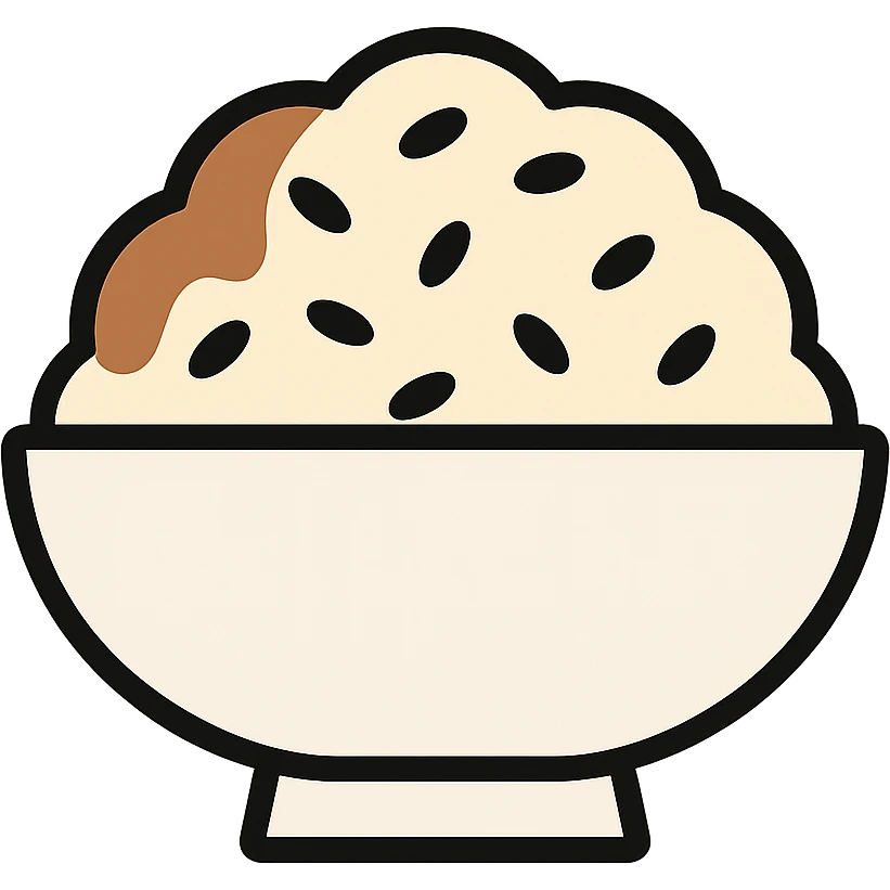 A bowl of rice topped with black sesame seeds and soy sauce, white bowl emoji