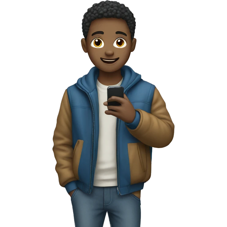 boy in blue jacket holding phone emoji