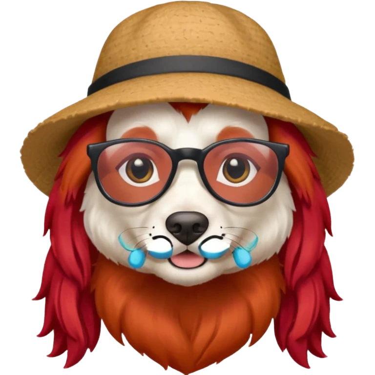 white dog with very red long hair and glassess and hat emoji