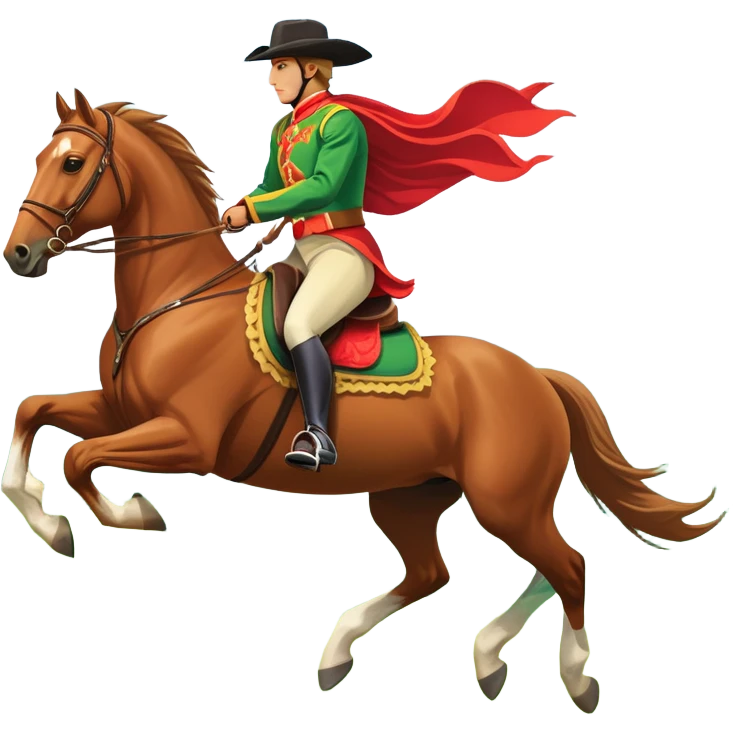 An icon showcasing a majestic horse and rider in full gallop across a lush green field. The background features a clear sky, distant mountains, and a vibrant landscape. The rider wears traditional gear, while the horse leaps with grace and power.  emoji
