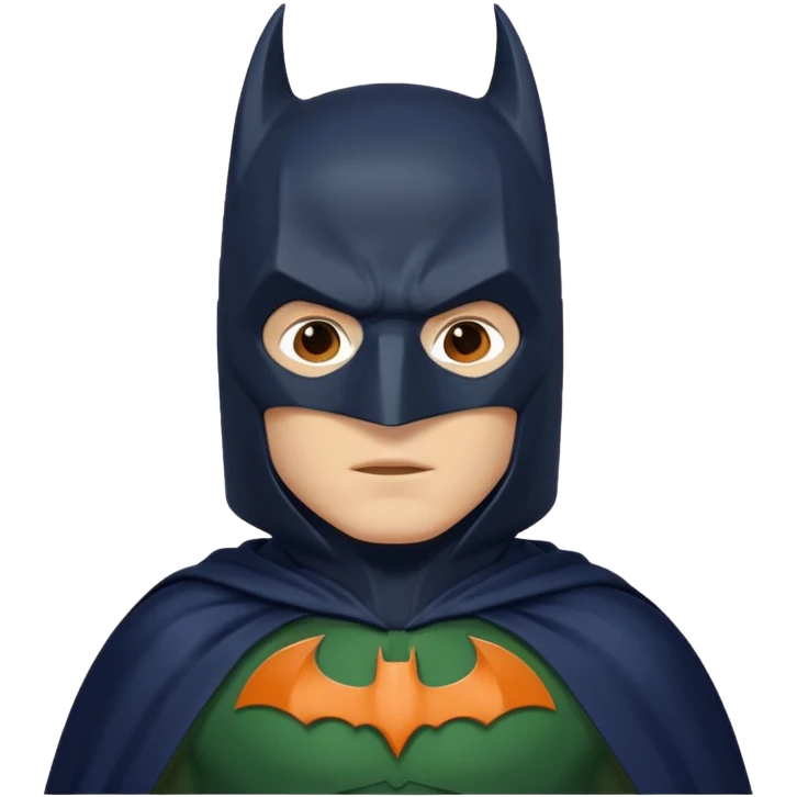 generate a batman emoji with just the face and neck showing and part of the cloak and and wings. Shade the bat logo on the chest in a medium green with a slight olive touch. Shade the mask in dark navy blue and the the cloak in a solid vibrant orange.

 emoji