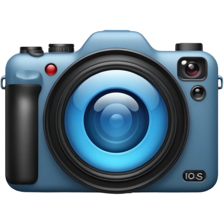 A minimalistic emoji of a camera in Apple iPhone emoji style. Flat design, smooth gradients, rounded edges, soft shadows, high resolution, clean and simple look. Neutral gray and black tones with a blue lens reflection. White background, no text emoji