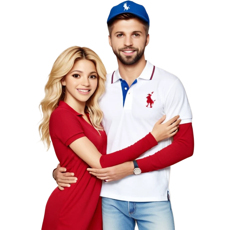 Shakira with blue eyes and her husband  Gerard pique with blue eyes holding her in his armsThey both laugh at each other its romantic&he wears a nice polo from Ralph Laurent in white& a nice baggy jeans with 97 Nike sneaker. She is wearing a romantic feminine short red dress with white open heels  emoji