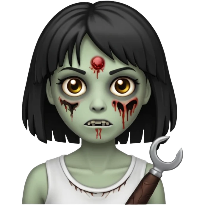 Faz uma zombie feminina com a pele clara igual de zombie, mas não tão clara, deixa ela com a clavícula marcada, cabelo comprido preto e com franja, sombracelha FINA e faz um risquinho na sombracelha do lado esquerdo. Não se esquece de colocar uns machucados no rosto dela emoji