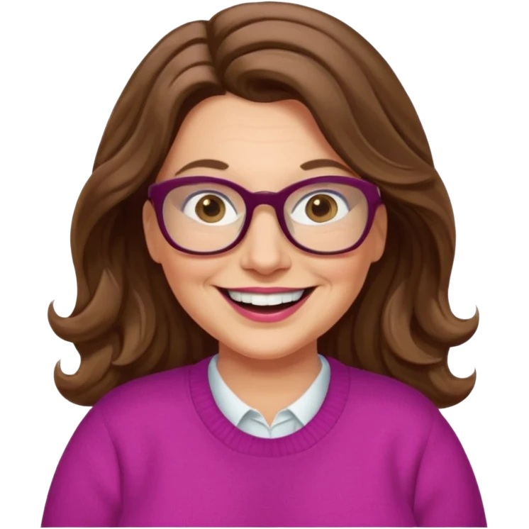 50 yr Caucasian woman, long brown hair parted on side, brown eyes, glasses, big smile, white teeth, fuscia sweater, chubby, wavy hair emoji