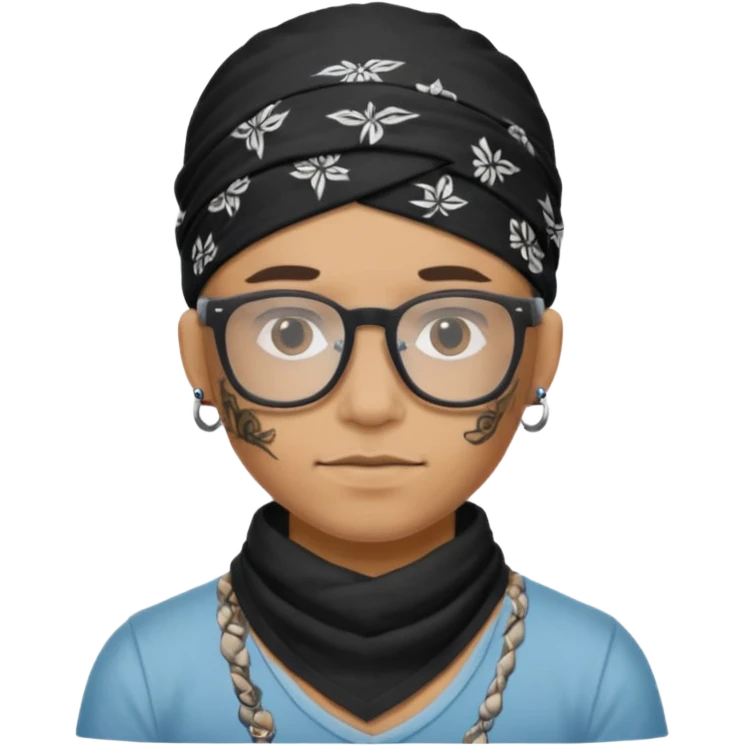character with bandana and glasses and tattoed emoji