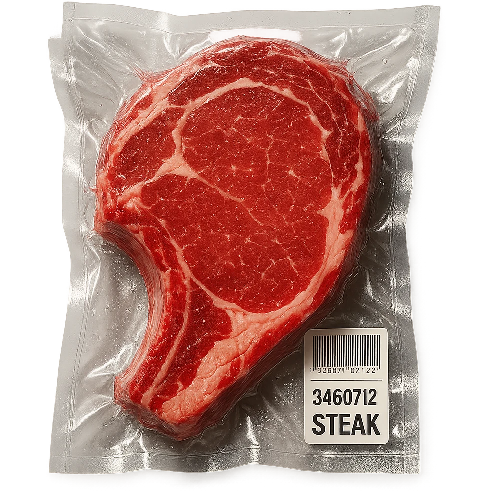 steak with sparkling highlights, glossy and inflated, vacuum-sealed style emoji
