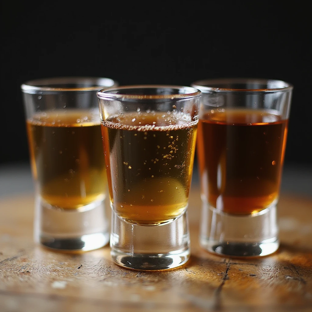 three shot glasses, realistic style, filled with different liquors emoji
