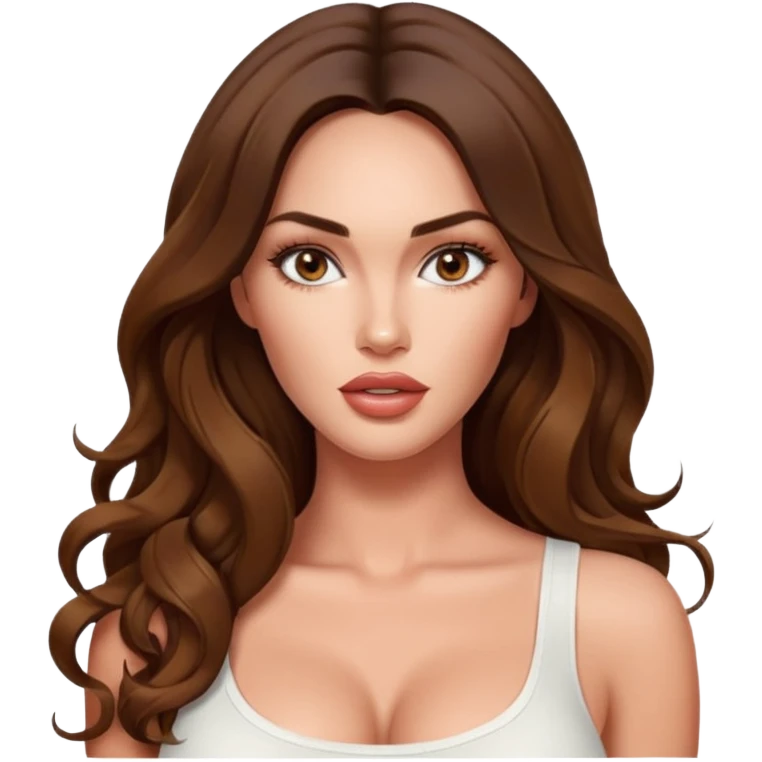 Megan fox, fashion model Beautiful woman model adult   large breasts  with eyes hazel full lips  long curled light brown hair model white  top  emoji
