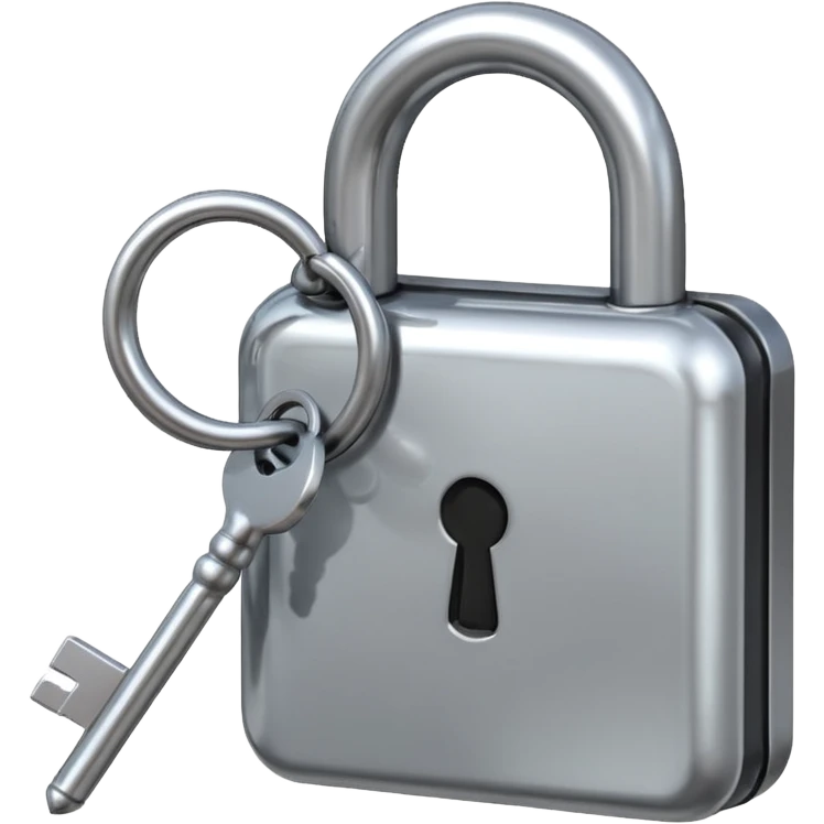 A chrome silver lock and key emoji, smooth metallic surfaces, glossy reflections, luxury swag vibe, minimal iOS emoji style, centered on clean white background emoji