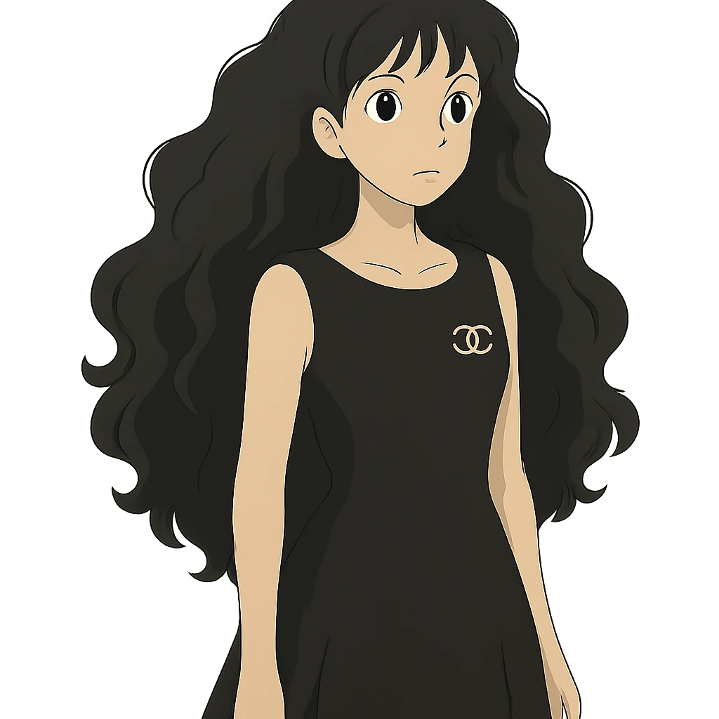 light skin girl with very long black curly hair, brown eyes, black Chanel dress emoji