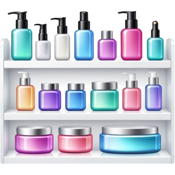 a white shelf with few beauty products and sparkles emoji