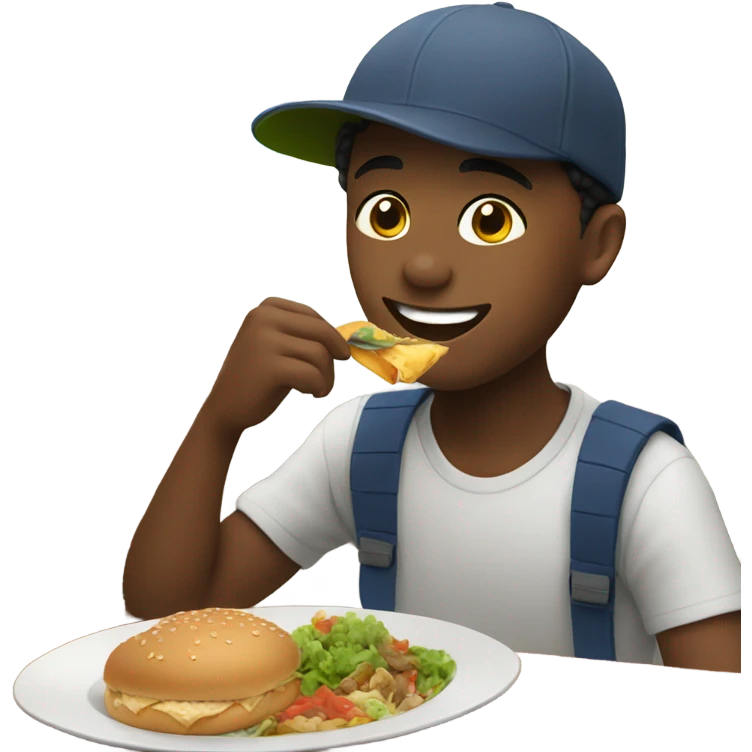 boy enjoying meal with hat emoji