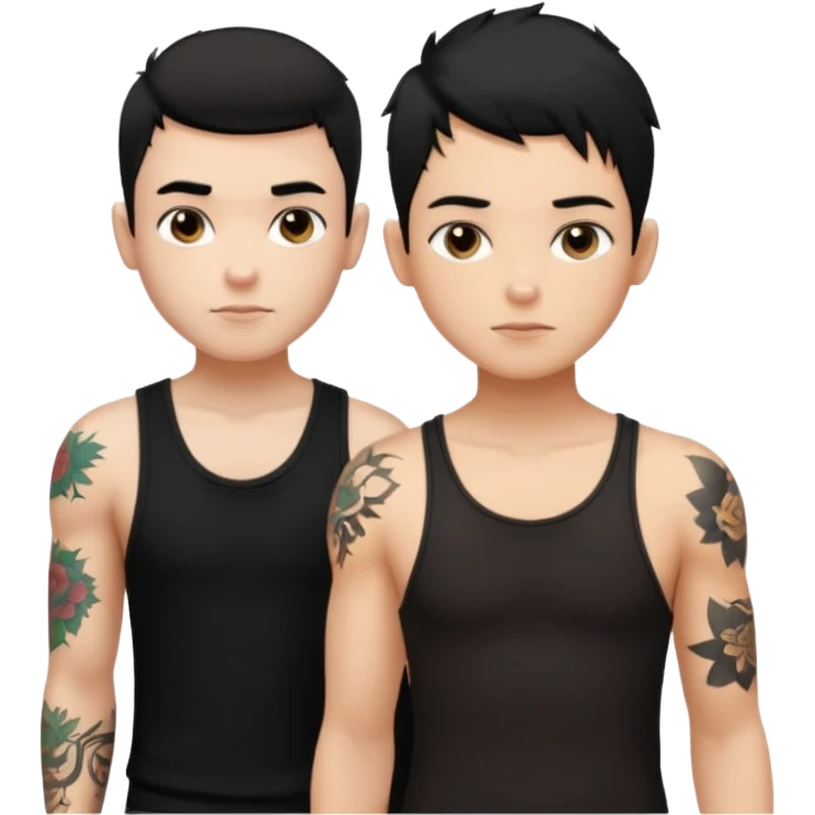 generate a fair boy with messy black hair, tattoos. standing beside a fair black haired girl wearing a black cami top and a boy with a buzz cut  emoji