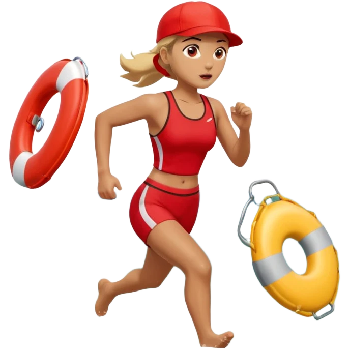 Female lifeguard – red cap, running along shore with rescue buoy emoji