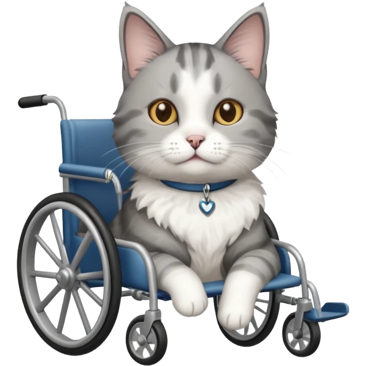 disabled grey and white cat using pet wheelchair emoji