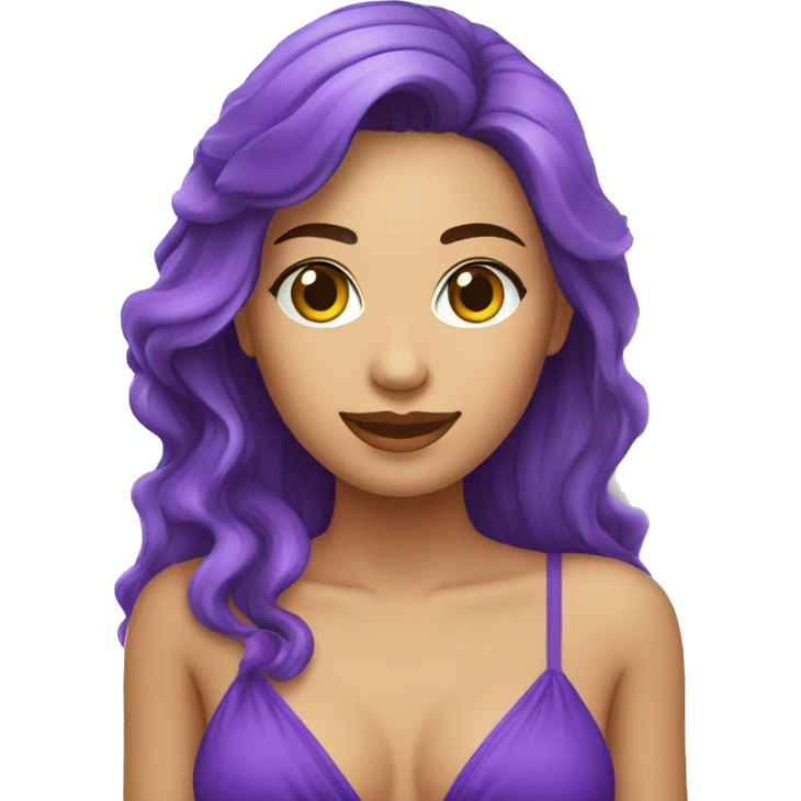 Una chica blanca de cabello rizo en la playa con su traje de baño morado emoji