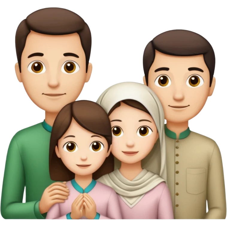 Lebaran. Keluarga terdiri dari Ayah, ibu, dua anak laki-laki dan yang paling kecil seorang anak perempuan. Tulisan : Selamat Lebaran  emoji