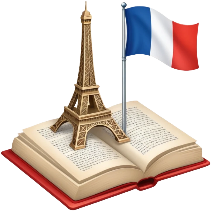 An icon featuring the Eiffel Tower and the flag of France, symbolizing the French language. The design includes an open book with French text, representing language learning and French culture. Transparent background highlights the elegance of the French-speaking world. emoji