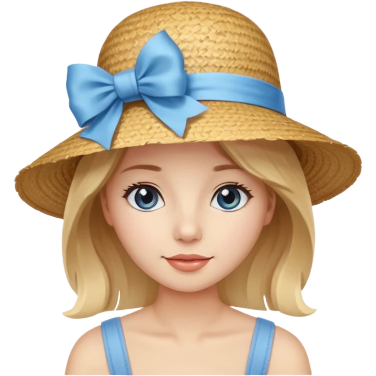 Beautiful woman wearing a straw hat with a light blue ribbon and bow emoji