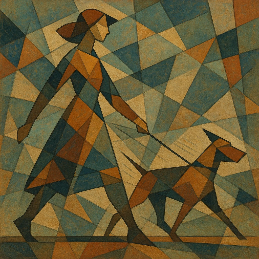 Woman walking a dog, both stylized in faceted motion lines. emoji