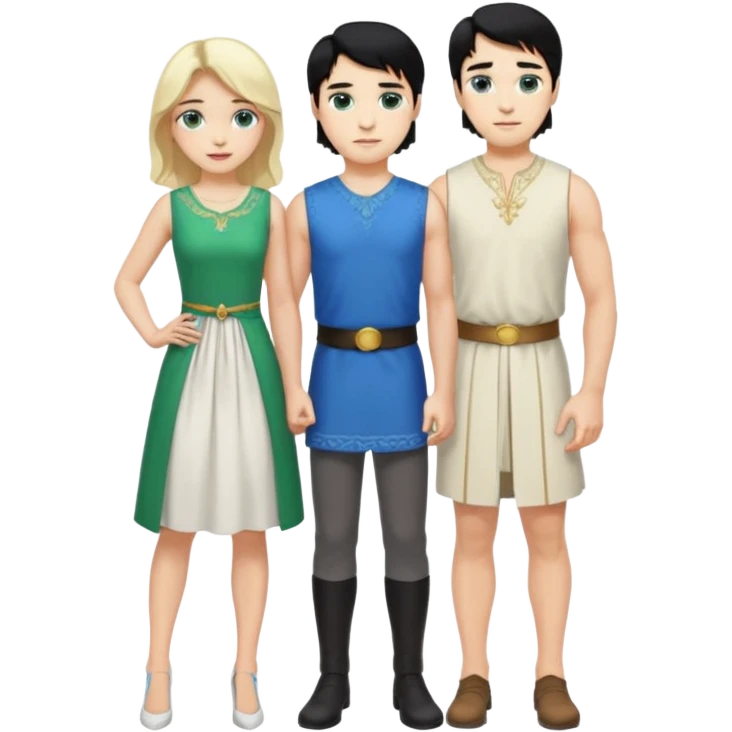 prince, standing upright, black Hair, blue eyes, garment,  woman, bending knee, white sleveless dress, blonde hair, green eyes, emoji