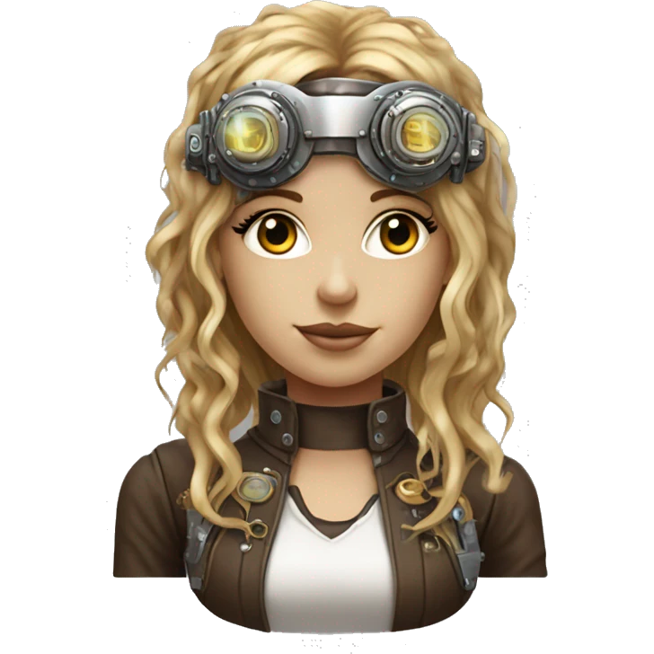 Brown long hair with blonde steaks female cyborg head, fair skin, steampunk goggles and circuits emoji