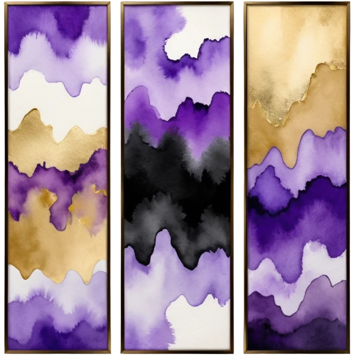 Black, white, gold, purple, abstract Watercolor paintings on three canvases next to each other  emoji