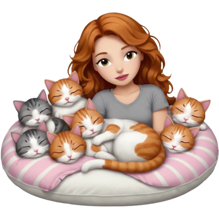 girl with long wavy brown hair, long lashes makeup, sexy pink lips, light to medium complexion,  sleeping on a cozy pillow, with 6 cats: 1 ginger/white, 1 grey with white paws, 1 calico, 2 grey and white and one tabby and white emoji